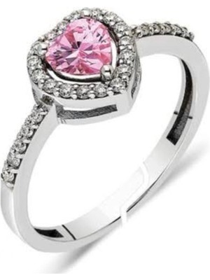 Çelik Gümüş Renkli Kalp Detaylı Taşlı Yüzük