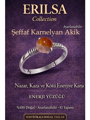 Erilsa Sertifikalı Nazar Koruma Enerji Yüzüğü – Şeffaf Karnelyan Ayarlamalı Ince Kasa Akrep Koç Oğlak Burcu