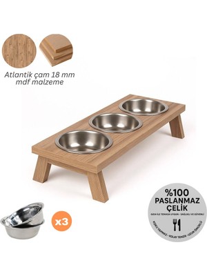 Mavi Trend Üçlü Ahşap Kedi Köpek Mama Su Kabı Standı 3lü Metal Suluk Mamalık Çelik Kaseli Demonte