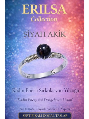 Erilsa Sertifikalı Kadın Enerji Sirkülasyon Yüzüğü – Siyah Akik Ayarlamalı Ince Akrep Oğlak Yengeç Burcu