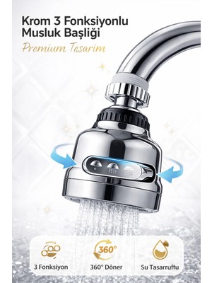 Lowell Home Basınçlı ve Sıçramasız 3 Modlu 360° Döner Krom Musluk Başlığı Evye Lavabo ve Çeşme Batarya Ucu