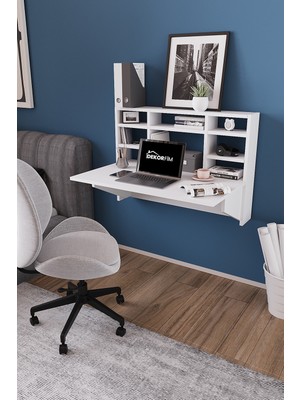 Dekorfim DF01104CM Duvara Monte Katlanır Çalışma Masası – Raflı Duvar Masası, Minimal Tasarım