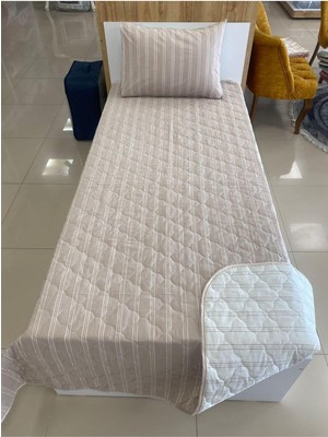 Aydenstore Denizli Çeyiz Çift Taraflı Tek Kişilik Kapitone Yatak Örtüsü Takımı Çizgili Düz Bej Bej 160 x 235