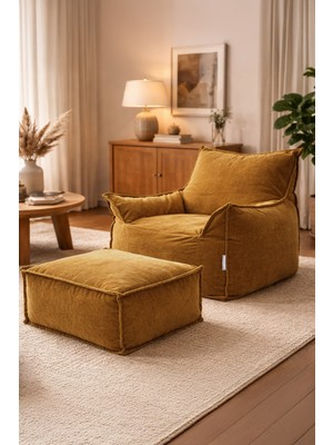 Homedius Notre Kadife Koltuk Puf Set Hardal