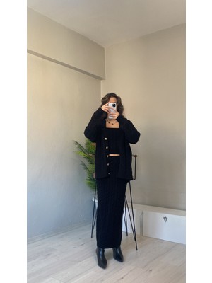 Kadın Saç Örgü Detaylı Etek Hırka Crop Üçlü Triko Takım