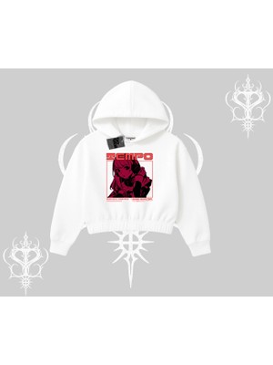 Kapşonlu Crop Sweatshirt Anime Waifu Kırmızı Grafik Desenli