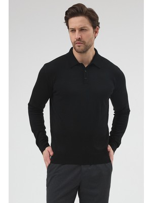 Hateko Erkek Siyah %50 Yün Polo Yaka Triko