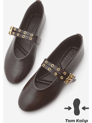 Marjin Kadın Çift Bantlı Zımbalı Günlük Babet Bekosa Koyu Kahve