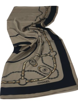 Chanel C Desen Kemerli  Vual Ipek Şal Vizon Siyah