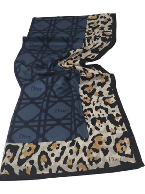 Dior Vual Ipek Şal Leopar Geometrik Desen Kot Mavi Lacivert