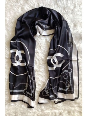 Chanel C Desen Kemerli  Vual Ipek Şal Siyah Krem