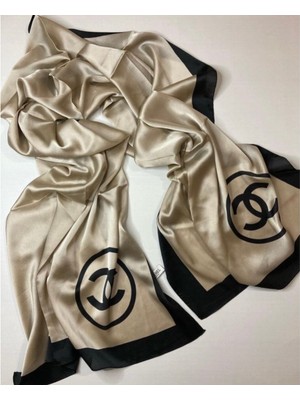 Chanel C Desen Vual Ipek Şal Ortası Boş Siyah Gold
