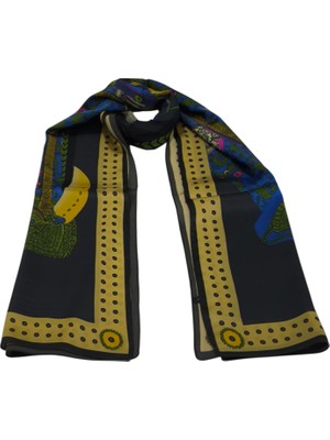 Hermes Vual Ipek Şal Etnik Desen  Antrasit  Mavi
