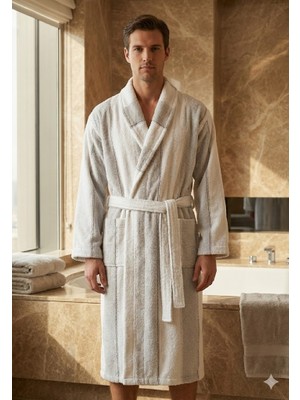 Unisex %100 Pamuk Bornoz – Yumuşak Dokulu, Şal Yaka, Çizgili