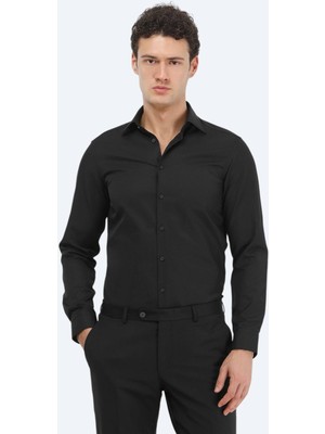 Kip Siyah Düz Slim Fit Dokuma Klasik Pamuk Karışımlı Gömlek