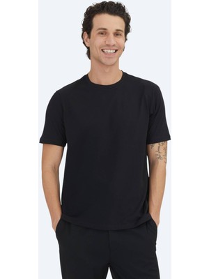 Kip Siyah Düz Bisiklet Yaka %100 Pamuk T-Shirt