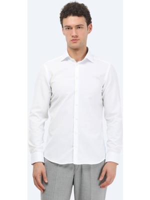 Kip Beyaz Düz Slim Fit Dokuma Klasik Pamuk Karışımlı Gömlek