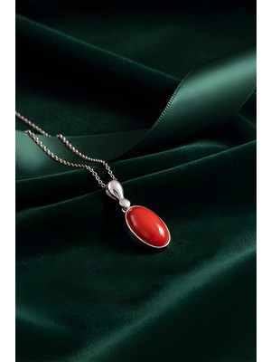 Mercan Taşlı El Işi Minimal Model Gümüş Kolye Gümüş Rengi