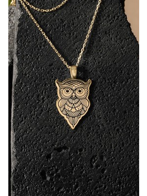 Baykuş Model Siyah Mineli Gümüş Kolye Altın Rengi