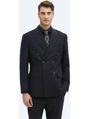 Kip Siyah Düz Modern Fit Yün Karışımlı Takım Elbise