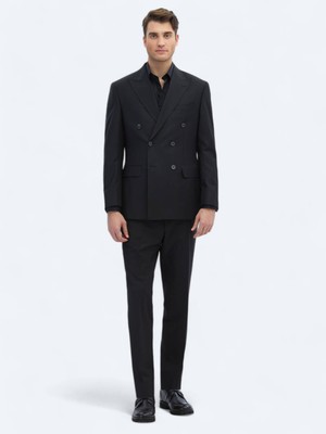 Kip Siyah Düz Modern Fit Yün Karışımlı Takım Elbise