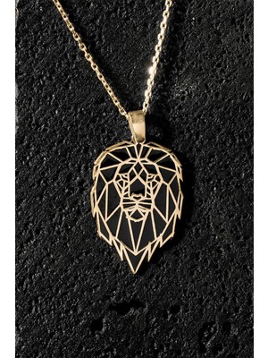 Aslan Model Siyah Mineli Gümüş Kolye Altın Rengi