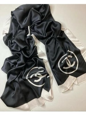 Chanel C Desen Vual Ipek Şal Ortası Boş Kırık Beyaz Siyah