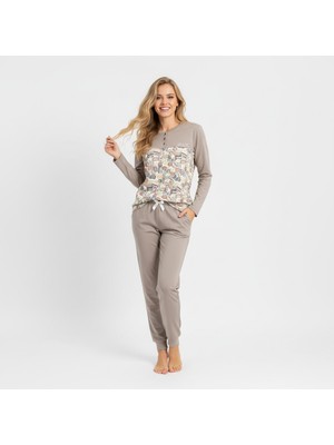 Bonbon Kadın Pamuklu Açık Kahve Renk Pijama Takımı AL501 V1