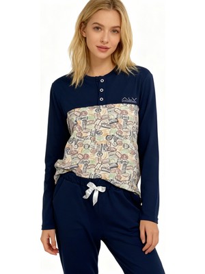 Bonbon Kadın Pamuklu Lacivert - Desenli Renk Pijama Takımı AL501 V2