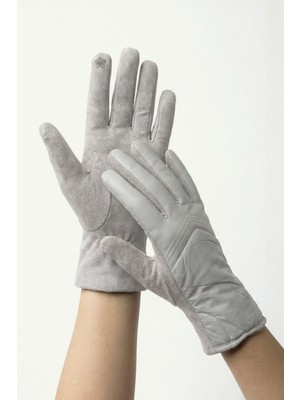 Robanu Kadın Bej Dokunmatik Ekran Özellikli Kapitone Desenli Kışlık Süet Eldiven