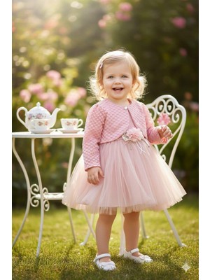 Kidello Pembe Çiçekli Kız Bebek Bolerolu Elbise Abiye Tüllü