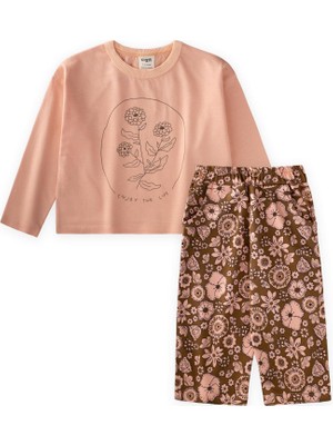 Cigit Uzun Kollu Desenli Yüksek Bel Pantolonlu Takım 2-8 Yaş Somon