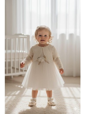 Kidello Ekru Çiçekli Kız Bebek Bolerolu Elbise Abiye Tüllü