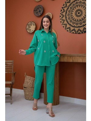 Sidelya Concept Yeşil Gömleği Taşlı Fitilli Takım