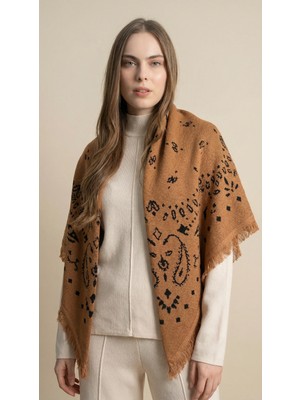 Kadın Desenli Triko Şal Tarçın-Siyah