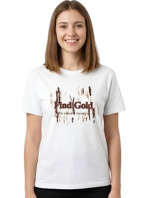 Gold Baskı Enfield&co Kadın T-Shirt Find Ekru