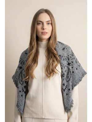 Kadın Desenli Triko Şal Füme-Siyah