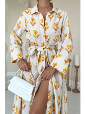 Sidelya Concept Bej Desenli ve Önü Düğmeli Keten Elbise