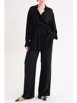 Societa Siyah Bol kesim gömlek ve lastik detaylı pantolonlu takım 12381