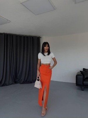 Sidelya Concept Gabardin Uzun Önden Yırtmaçlı Etek - Turuncu