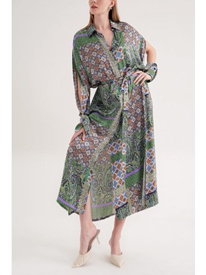 Societa Yeşil Lila Bol kesim gömlek elbise 94058