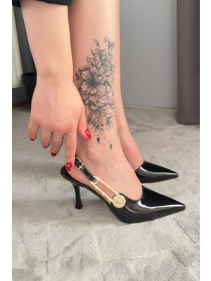 Preshley Kadın Grant Siyah Rugan Düğmeli Tokalı 7 cm  Ince Topuk Ayakkabı Stiletto