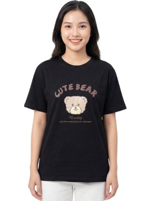 Bear Baskı Enfield&co Kadın T-Shirt Cute Siyah