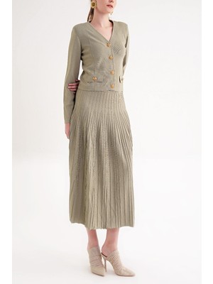 Societa Yeşil Pili detaylı etek ve ceketli triko takım 28889