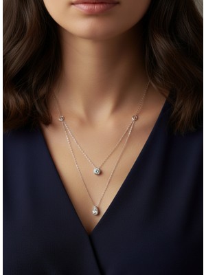 925 Ayar Gümüş Ikili Zirkon Taşlı Kalp Damla Tek Taş Trend Kadın Kolye Yılbaşı Yeni Yıl Hediye