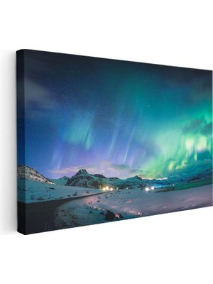 Tablofest Yatay Kanvas Tablo Kuzey Işıkları ve Kış Yolu Manzara Tablosu Ev Ofis Duvar Dekoru