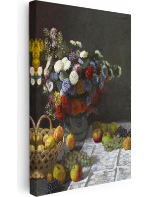 Tablofest Dikey Kanvas Tablo Claude Monet Meyveler ve Çiçekler Sepetli Natürmort Ressam Tablosu Ev Ofis Dekoru