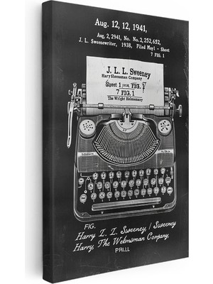 Tablofest Dikey Kanvas Tablo Daktilo Üstten Görünüm Patent Çizimi Vintage Tablo Ev Ofis Duvar Dekoru