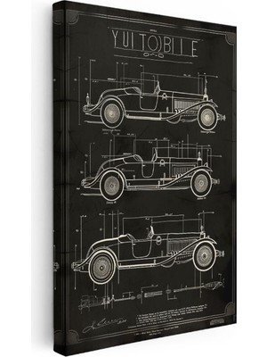 Tablofest Dikey Kanvas Tablo Eski Model Üç Otomobil Patent Çizimi Taşıt Vintage Tablo Ev Ofis Duvar Dekoru