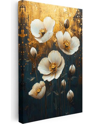 Tablofest Dikey Kanvas Tablo Altın Efektli Zemin Beyaz Çiçekler Çiçek Tablosu Ev Ofis Duvar Dekoru